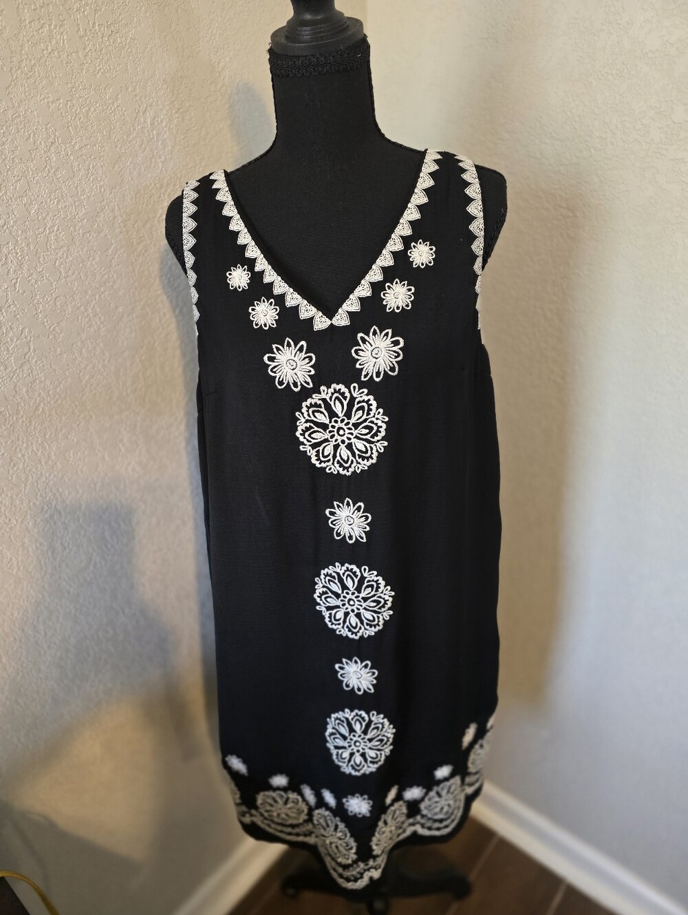 THML Black Dress with White Crochet Neck Trim